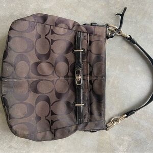 Coach Brown Signature Jacquard Shoulder Bag with Black Trim